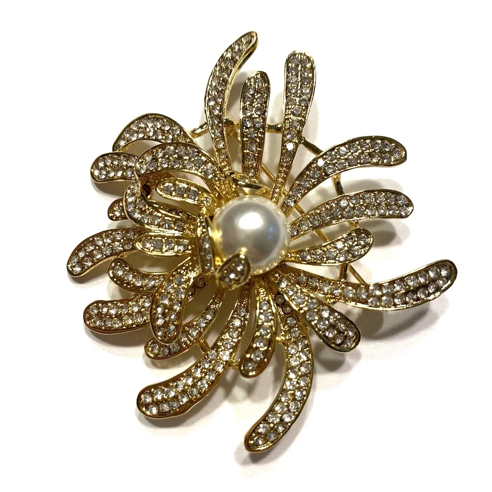 Runway Statement Gold Splash Brooch White Rhinestones & Faux Pearl Bead Mod Art